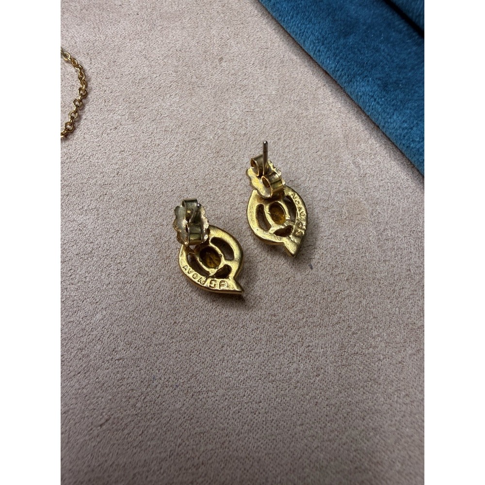 Vintage Avon Gold Tone Citrine Yellow Rhinestone Pendant Necklace and Earrings - Picture 6 of 6